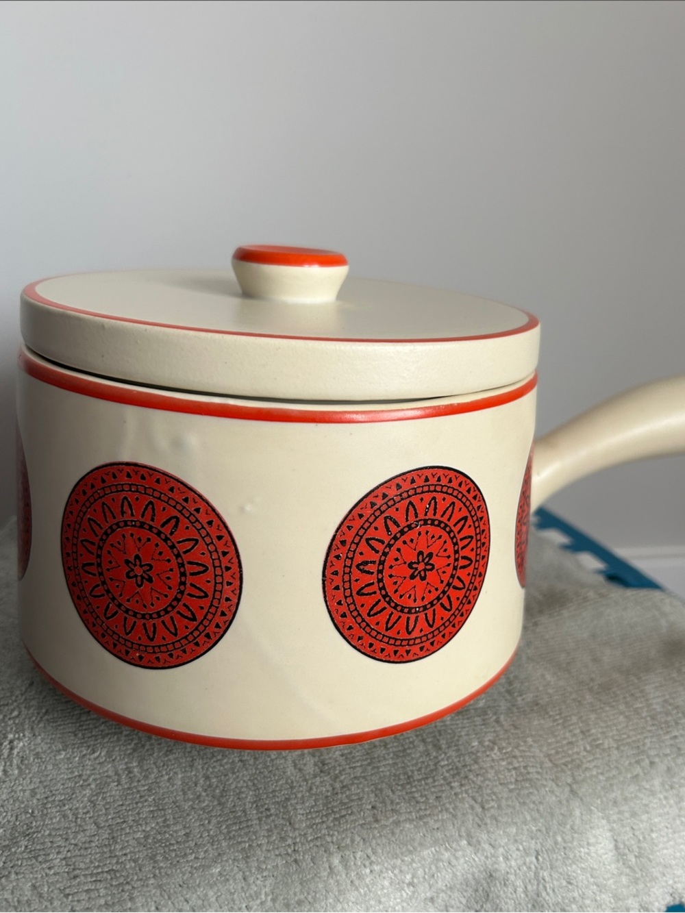 Rare Vintage Cream and Orange Decorative Saucepan - Brand Not Visible
